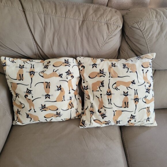 Set Of 2 Cat Print Throw Pillows With Removable Covers - 16"x16" - Beige & Black - Picture 1 of 4